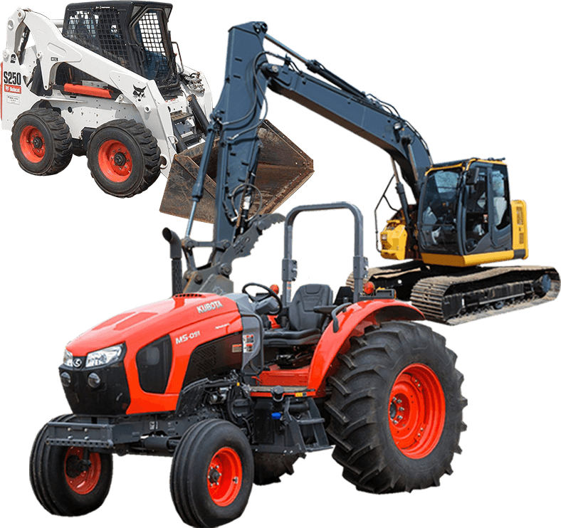 Bobcat Skid Steer Loader, Excavator with Thumb Bucket, & Kubota Utility Tractor